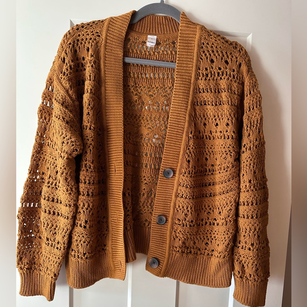 Old Navy crocheted sweater button cardigan large mustard yellow/turmeric